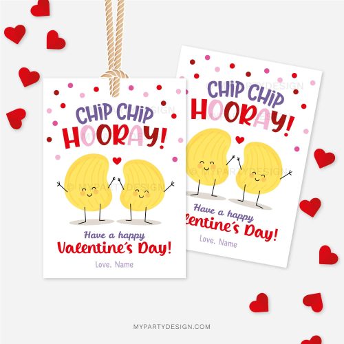 Valentine's Day gift tags for chips that read "chip chip hooray, have a happy Valentine's Day"