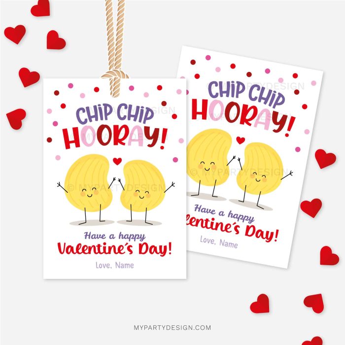 Valentine's Day gift tags for chips that read "chip chip hooray, have a happy Valentine's Day"
