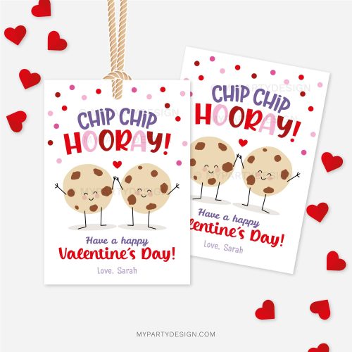 Valentine's Day gift tags for cookies that read "chip chip hooray, have a happy Valentine's Day"