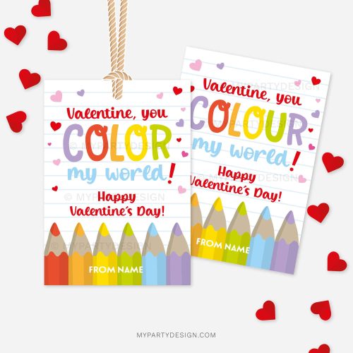 crayon valentines gift tags that read "valentine you colour my world"