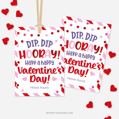 red and pink valentines gift tags that read "dip dip hooray, have a happy Valentine's Day"