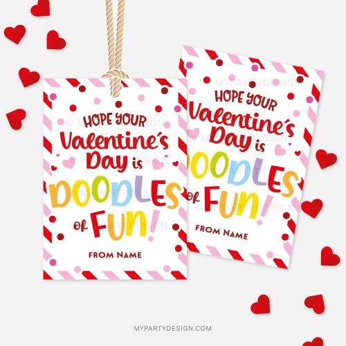 drawing pad valentines tags that read "hope your Valentine's Day is doodles of fun"