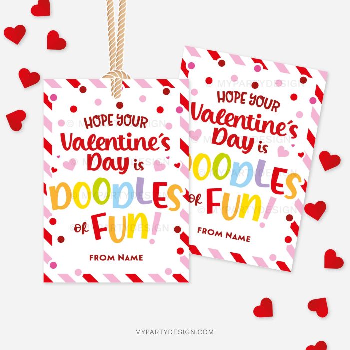 drawing pad valentines tags that read "hope your Valentine's Day is doodles of fun"