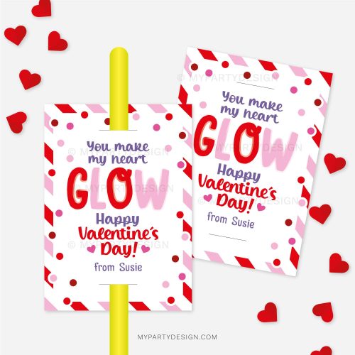 "you make my heart glow "Valentine's Day glow stick tag for kids class valentines gifts