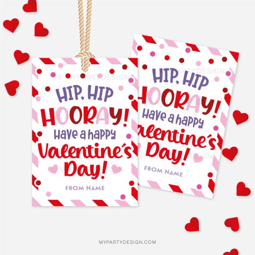 red and pink Valentine's Day gift tags that read "hip hip hooray, have a happy valentine's day"