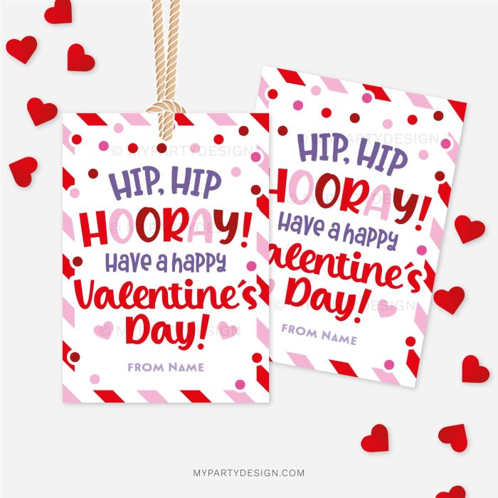 red and pink Valentine's Day gift tags that read "hip hip hooray, have a happy valentine's day"