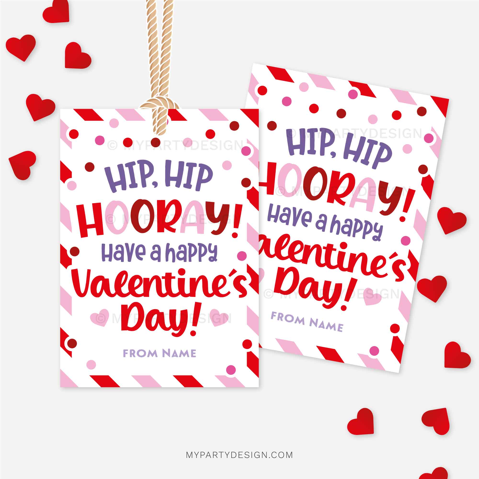 VALENTINES-GIFT-TAGS-HIP-HIP-HOORAY-00B red and pink Valentine's Day gift tags that read "hip hip hooray, have a happy valentine's day"