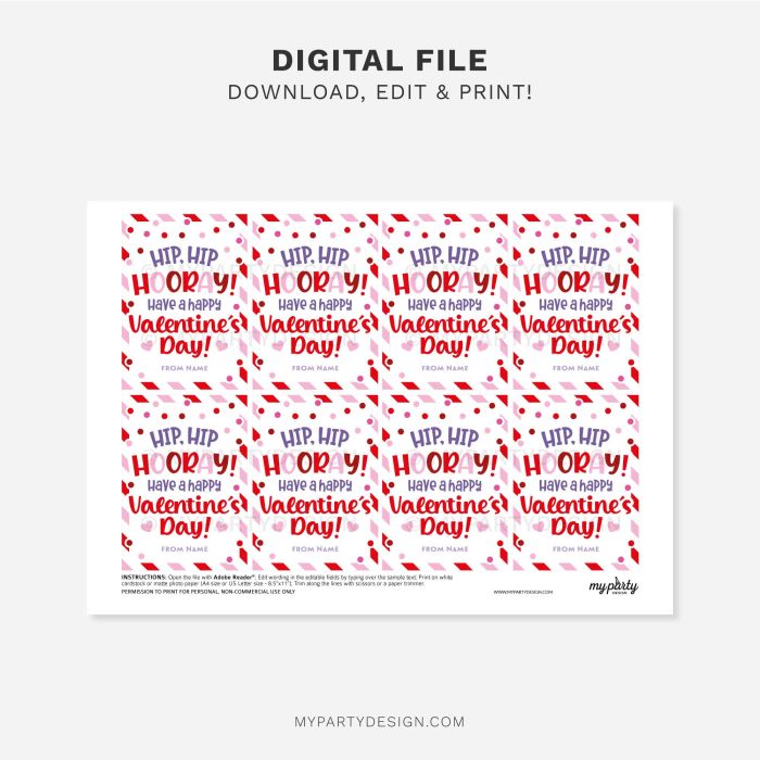 printable valentines hip hip hooray gift tag for Valentine's Day class gifts