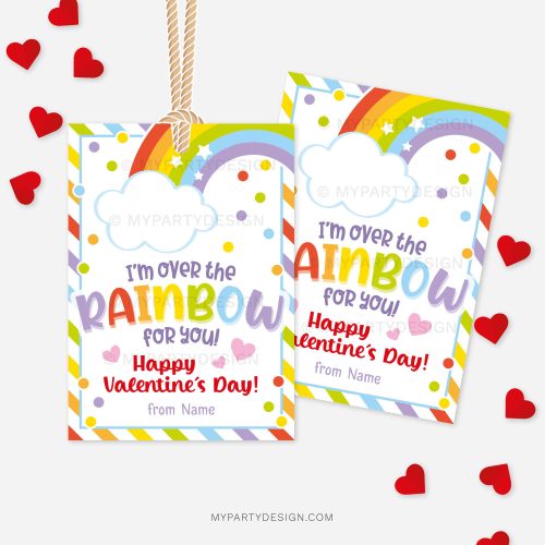 Valentine's Day labels for rainbow candy valentines class gifts that read "I'm over the rainbow for you. happy Valentine's Day"