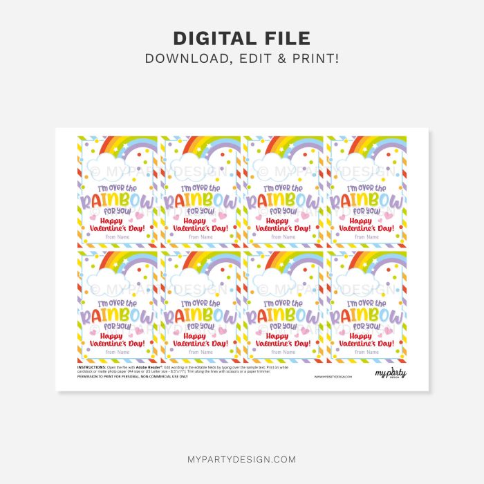 printable over the rainbow valentines gift tag for rainbow candy or coloring class gifts