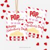 red and pink Valentine's Day popcorn gift tags that read "poppin' by to say happy Valentine's Day"