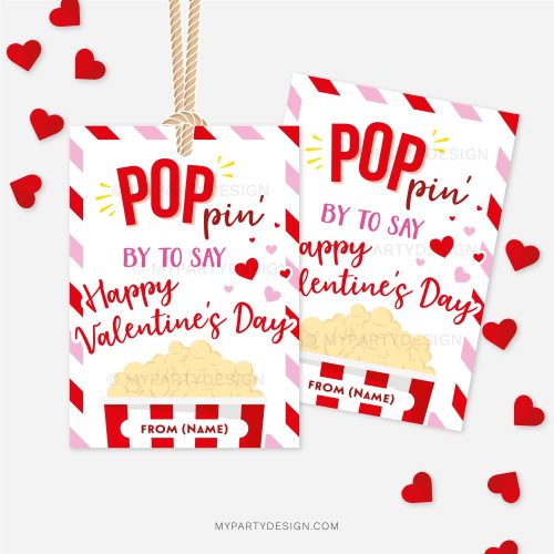 red and pink Valentine's Day popcorn gift tags that read "poppin' by to say happy Valentine's Day"