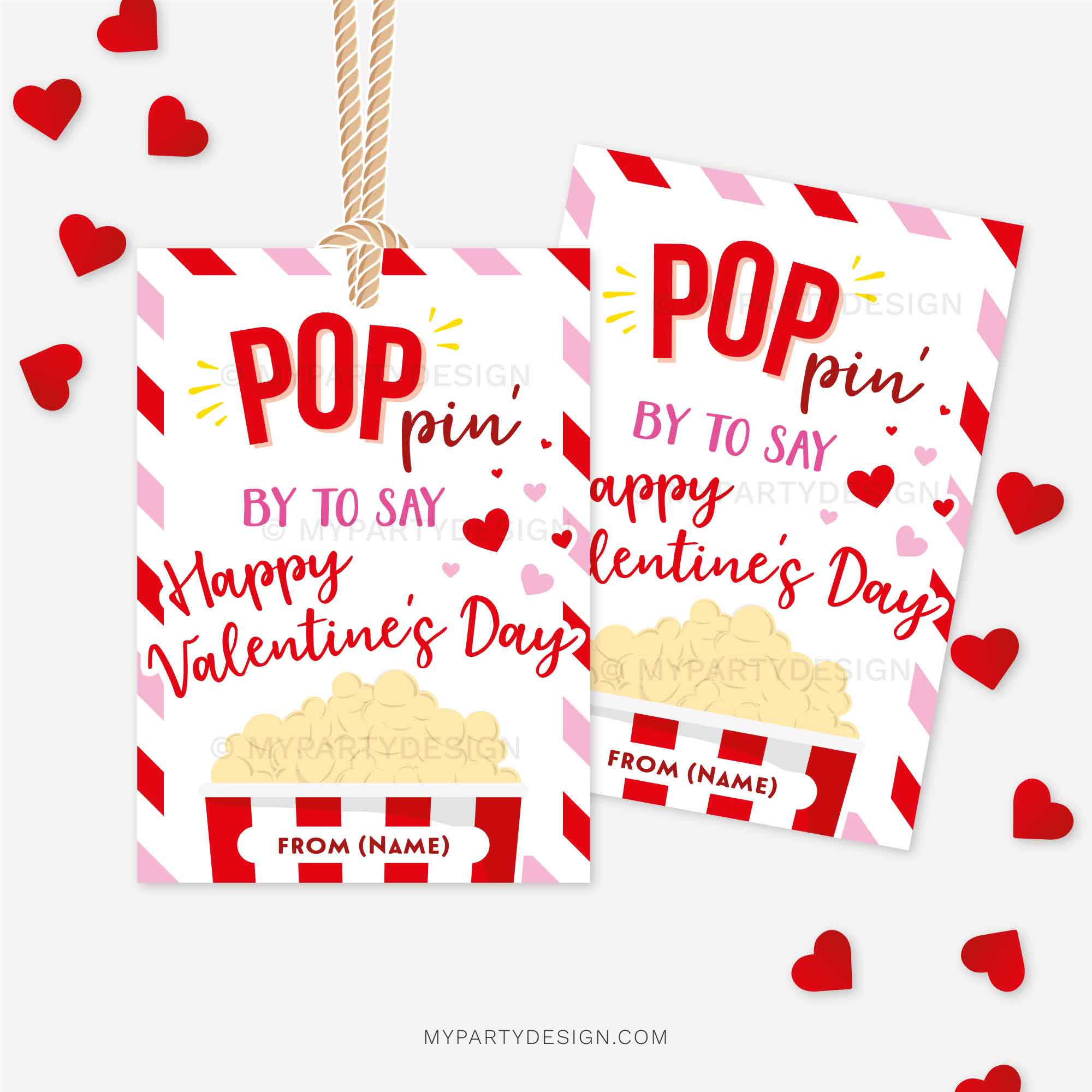 VALENTINES-GIFT-TAGS-POPCORN-POPPIN-BY-00B red and pink Valentine's Day popcorn gift tags that read "poppin' by to say happy Valentine's Day"