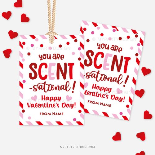 red and pink Valentine's Day appreciation gift tags that read "you are scen-sational"