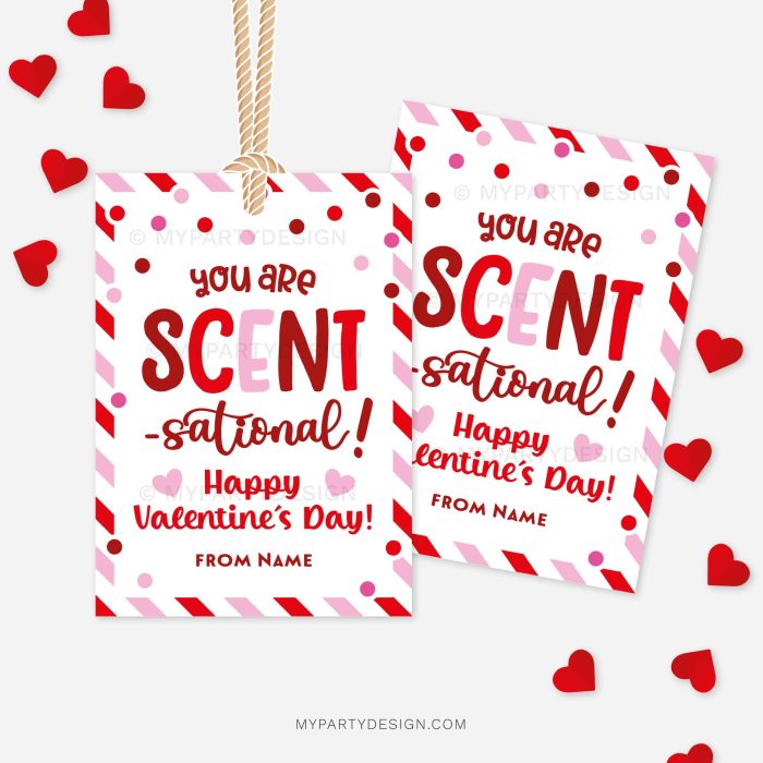 red and pink Valentine's Day appreciation gift tags that read "you are scen-sational"