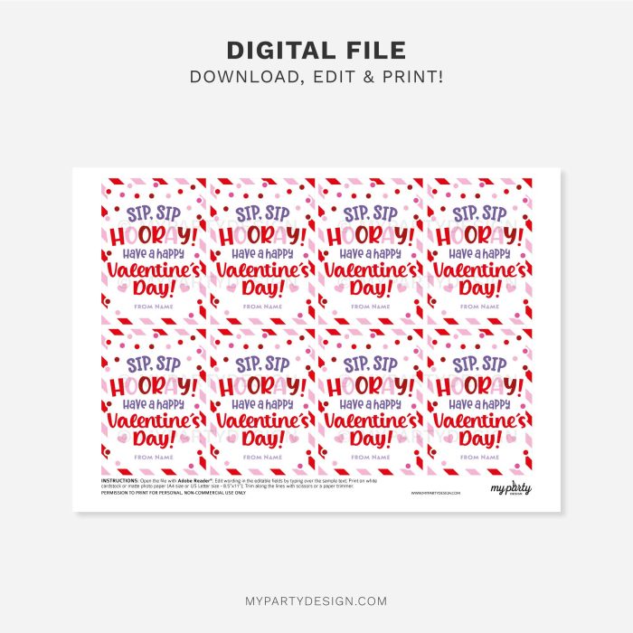 printable valentines sip sip hooray gift tag for Valentine's Day class gifts