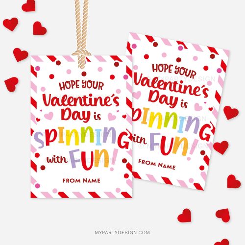 fidget spinner toy valentines tags that read "hope your Valentine's Day is spinning with fun"