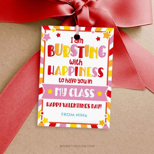 valentines bursting with happiness class gift tag for star shaped candy