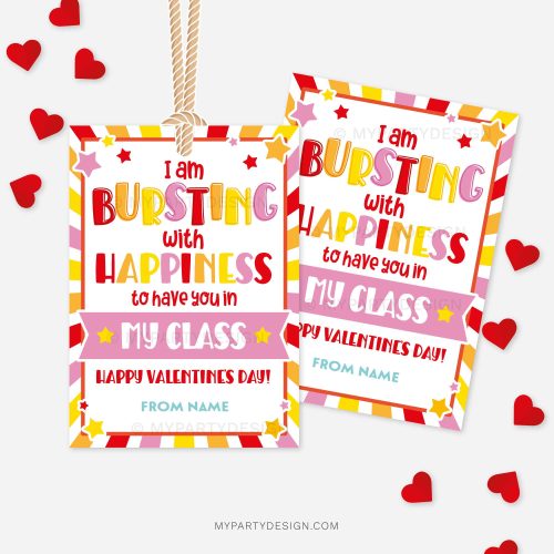 star bursting valentine's class gift tag that reads "I am bursting with happiness to have you in my class"