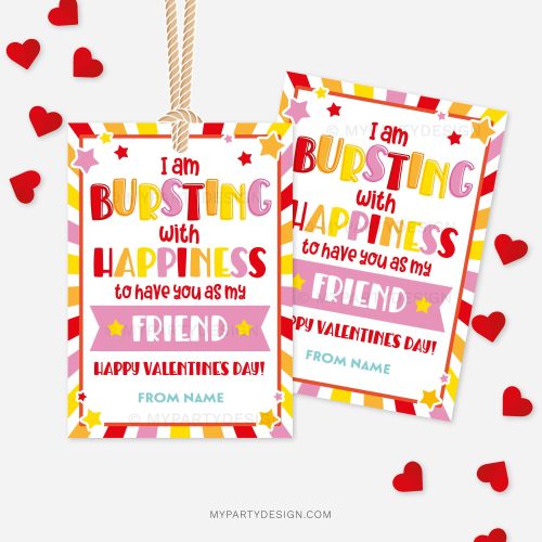 star bursting valentine's class gift tag that reads "I am bursting with happiness to have you as my friend"