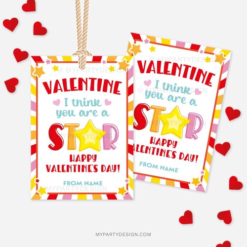 Valentine's Day tags for star candy that read "valentine, I think you are a star"