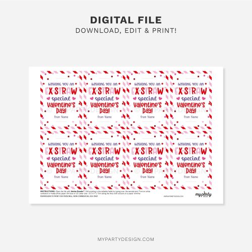 printable Valentine's Day straw tag for kids class valentines gifts