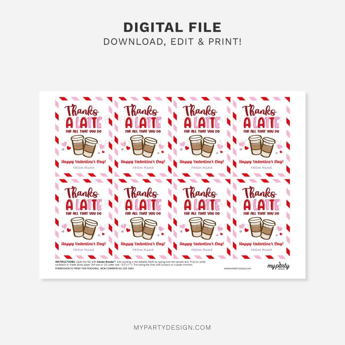printable Valentine's Day thanks a latte gift tag for teacher or staff appreciation gifts