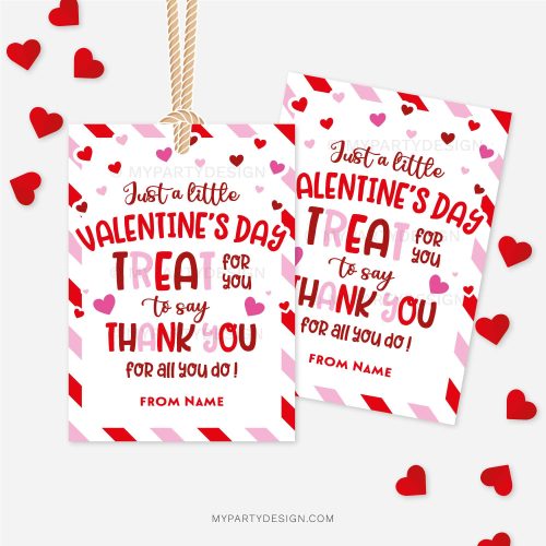 red and pink Valentine's Day appreciation gift tags that read "just a little Valentine's Day treat for you to say thank you for all you do"
