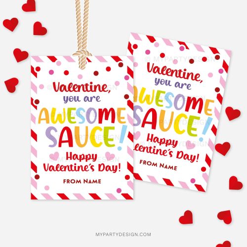 red and pink Valentine's Day labels for applesauce class gifts that read "valentine, you are awesome sauce!"