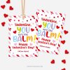 red and pink Valentine's Day labels for lip balm class gifts that read "valentine, you are the balm!"