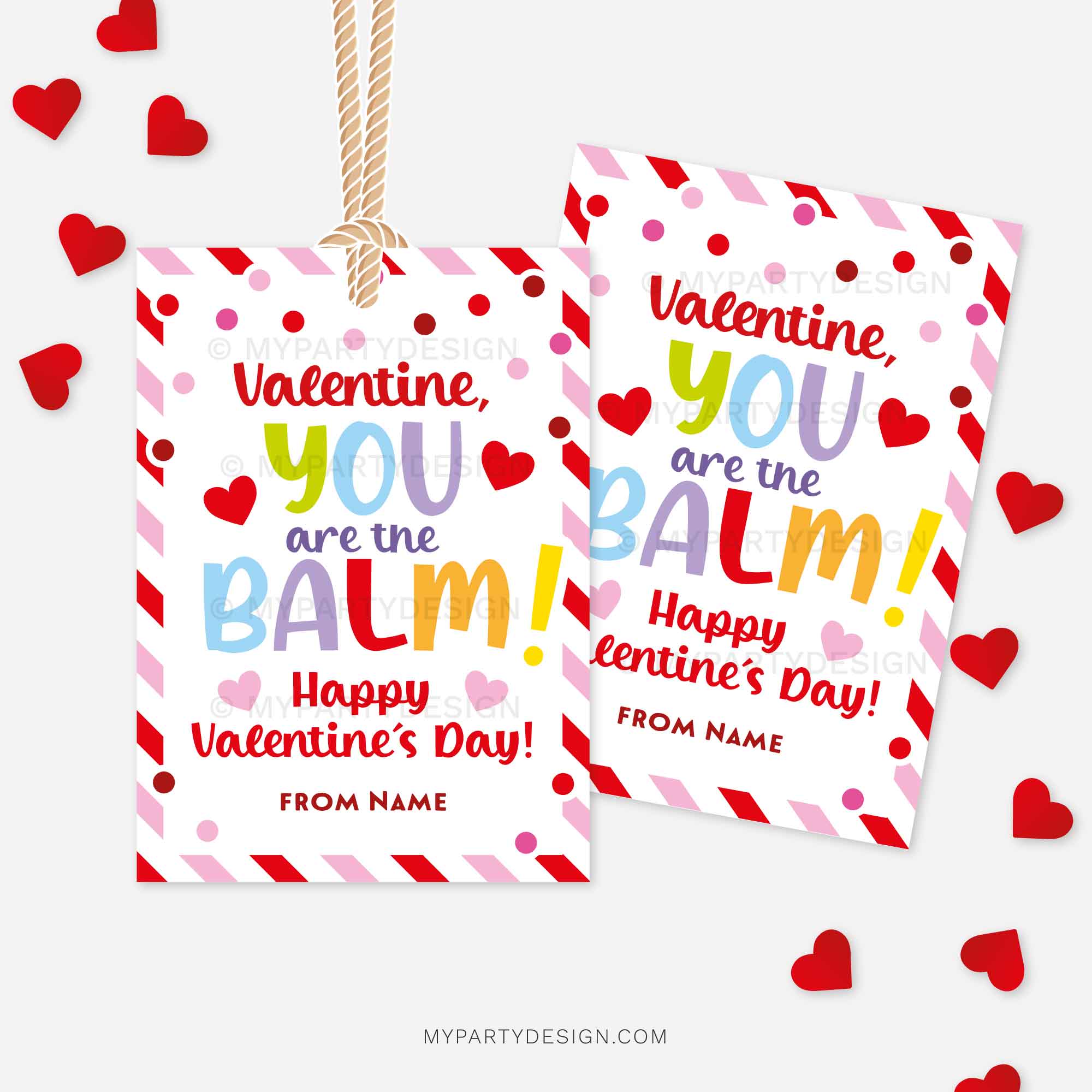 VALENTINES-GIFT-TAGS-YOU-ARE-THE-BALM-00B red and pink Valentine's Day labels for lip balm class gifts that read "valentine, you are the balm!"