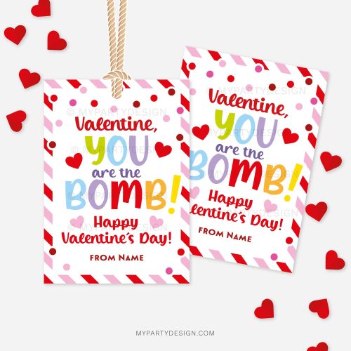 red and pink Valentine's Day labels for bath bomb or chocolate bomb class gifts that read "valentine, you are the bomb!"