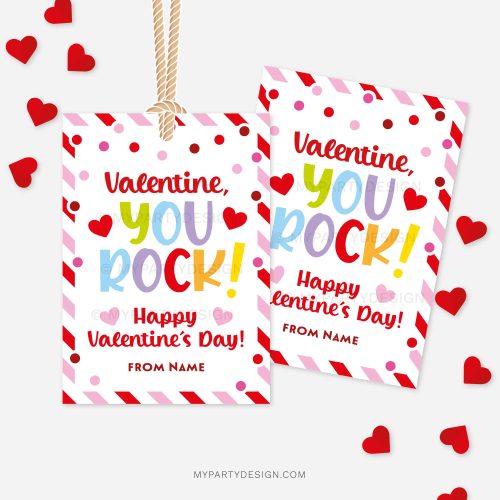 red and pink Valentine's Day labels for class gifts that read "valentine, you rock!"