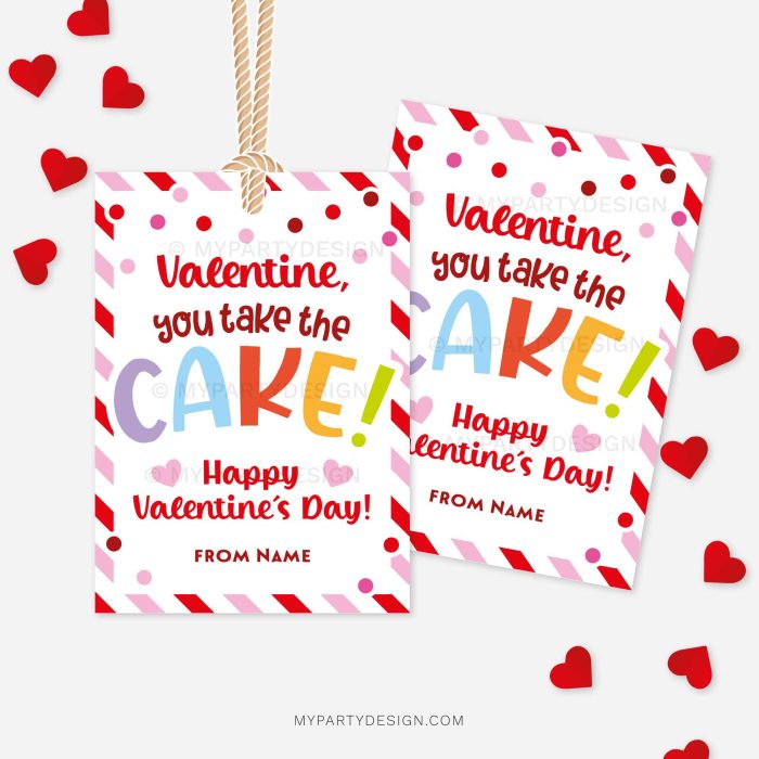 red and pink Valentine's Day labels for cake class gifts that read "valentine, you take the cake!"