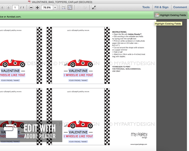 printable race car valentines bag topper