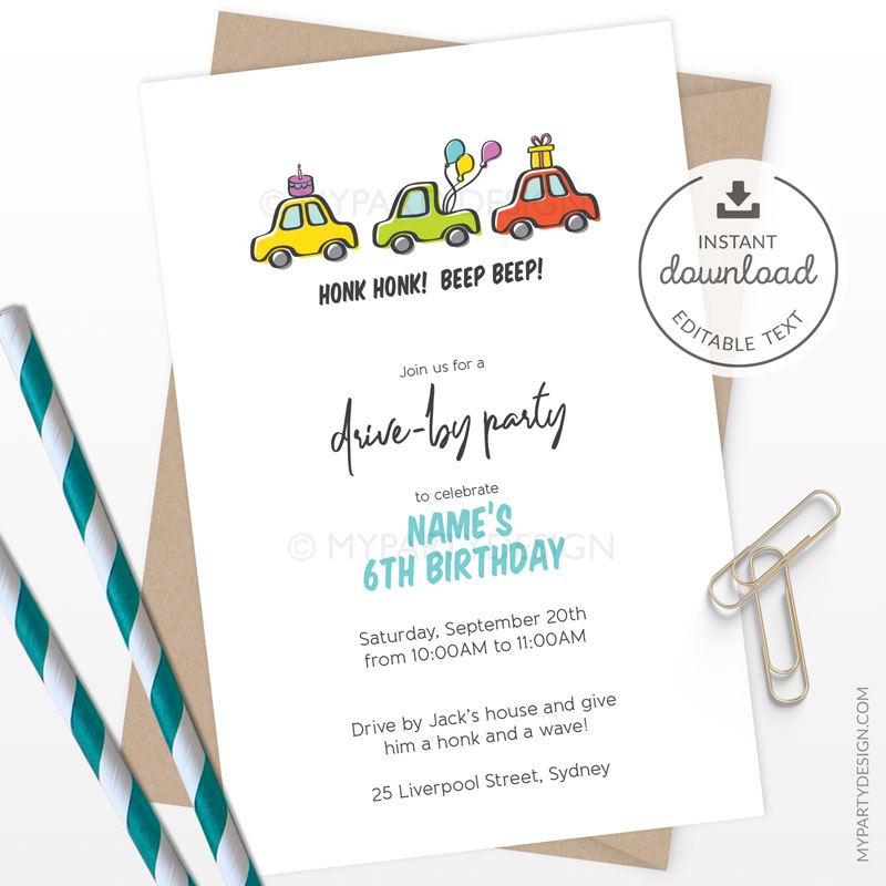 VIRTUAL_PARTY_INVITATION-VPD-01 Drive by Party Invitation, Printable Instant Download with Editable Text