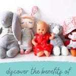 dolls and stuffed toys sitting under a waiting room sign with title that reads discover the benefits of dramatic play
