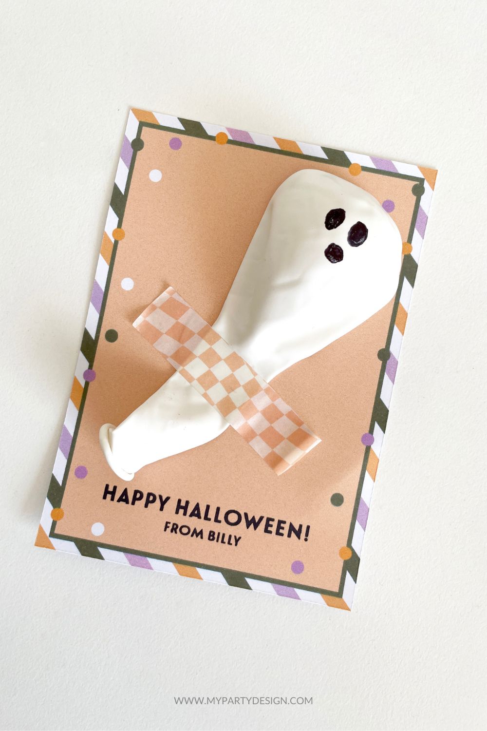 orange card with white ghost ballon for Halloween class gifts