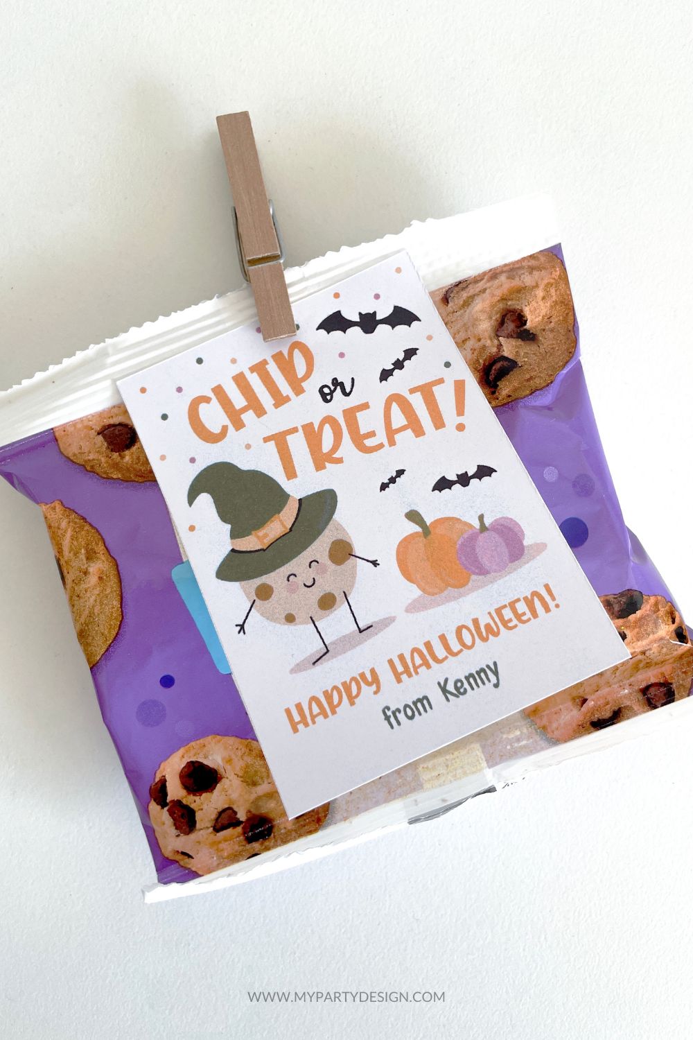 purple pack of chocolate chip cookies with a gift tag that reads "chip or treat" for halloween class gifts